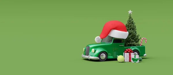 모자와 배경에 크리스마스 트리를 운반하는 자동차 — 스톡 사진