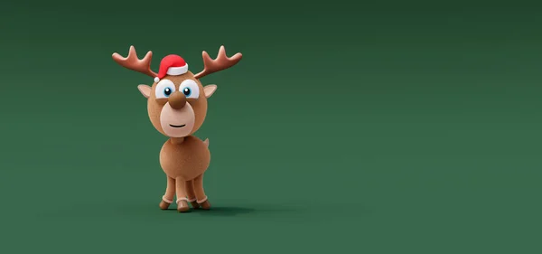 Yeşil Arka Planda Noel Baba Şapkası Olan Komik Ren Geyiği — Stok fotoğraf