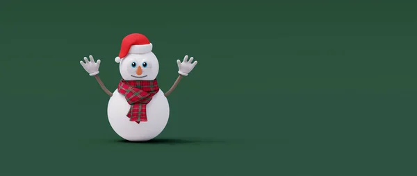 快乐的雪人 张开双臂 绿色背景 圣诞快乐和新年快乐的概念与复制空间3D渲染3D插图 — 图库照片
