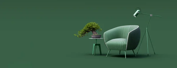 stock image Creative interior design in green studio with armchair. Minimal color concept. 3d render 3d illustration