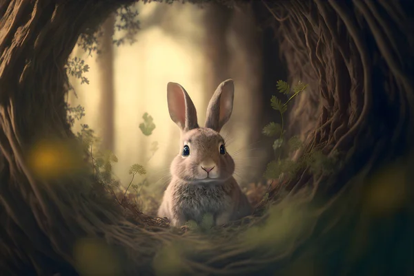 Cute bunny looks through the hole in the forest