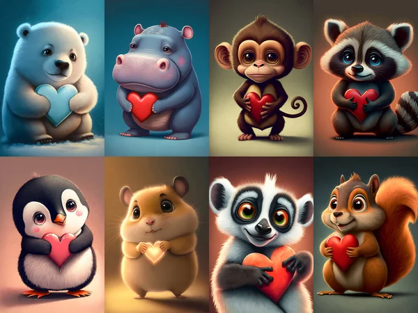 Set of cute animals with red heart. Valentine's day background