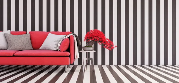Modernes Rotes Sofa Und Rote Bonsai Pflanze Schwarz Weißen Holzzimmer — Stockfoto
