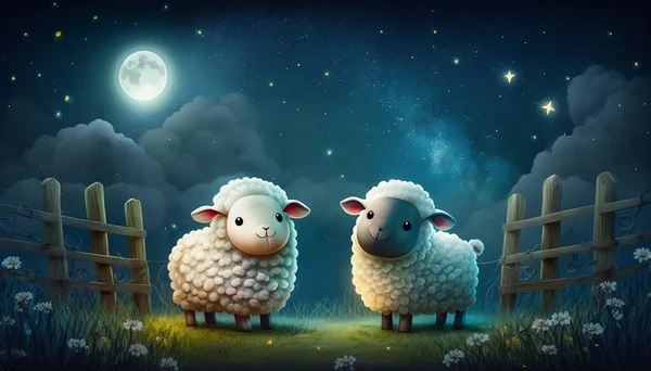 Two cute sheep in the meadow next to the wooden fence and the moon in the clear sky. Adorable good night illustration