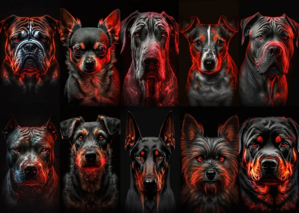 Conjunto Retratos Com Várias Raças Cães Fundo Preto Retrato Close — Fotografia de Stock