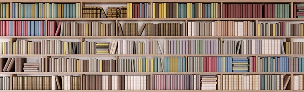 Renkli Kitaplarla Kütüphanedeki Kitaplıklar Render — Stok fotoğraf