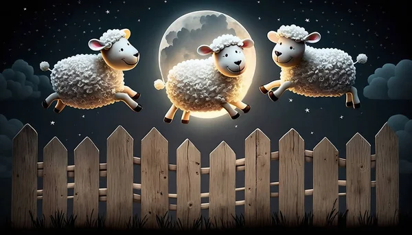 three cute sheep jumping in the meadow next to the wooden fence with the moon in the clear sky. Adorable good night illustration