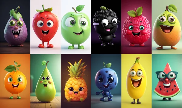 Set of various funny fruit characters. Vertical backgrounds for mobile phone