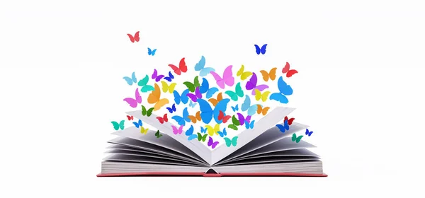Красочные Бабочки Вылетают Открытой Книги Концепция Знаний Образования Изолирована Белом — стоковое фото