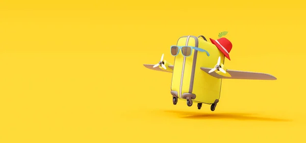 翼のある夏の旅行スーツケースが離陸します 黄色の背景に創造的な最小限の休暇の概念のアイデア3Dレンダリング3Dイラスト — ストック写真