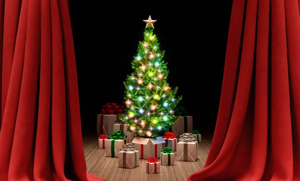 Decorato Albero Natale Lucido Sul Palco Con Tende Rosse Felice — Foto Stock