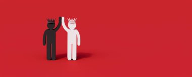 Siyah ve beyaz papazlar beşlik çakıyor. Kırmızı zemin üzerinde ateşkes ve uzlaşma kavramı 3D görüntüleme