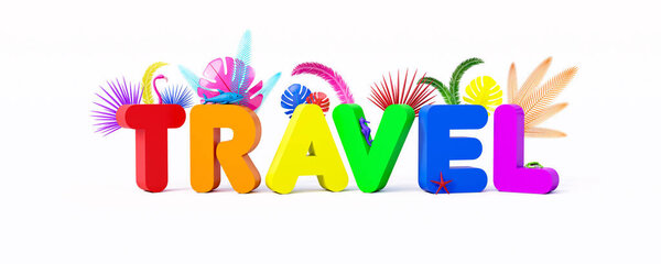 Creative colorful travel text on white background 3D Render 3D illustration