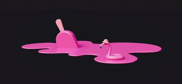 Рожеве Морозиво Тане Чорному Тлі Життєвим Поясом Фламінго Плаває Ньому Стокове Фото