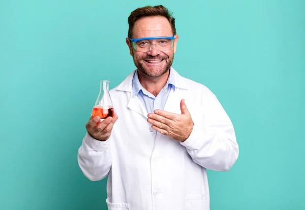 Middle Age Man Smiling Cheerfully Feeling Happy Showing Concept Scientist — Stock Photo, Image