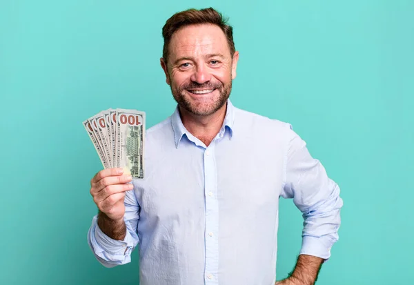 Middle Age Man Smiling Happily Hand Hip Confident Dollar Banknotes — Stockfoto