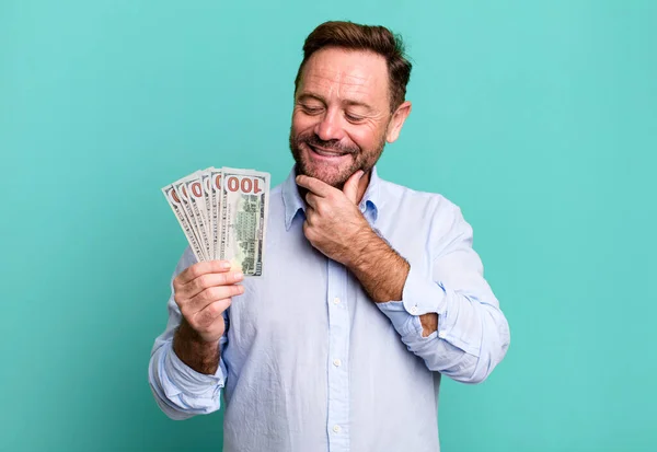 Middle Age Man Smiling Happy Confident Expression Hand Chin Dollar — Foto Stock