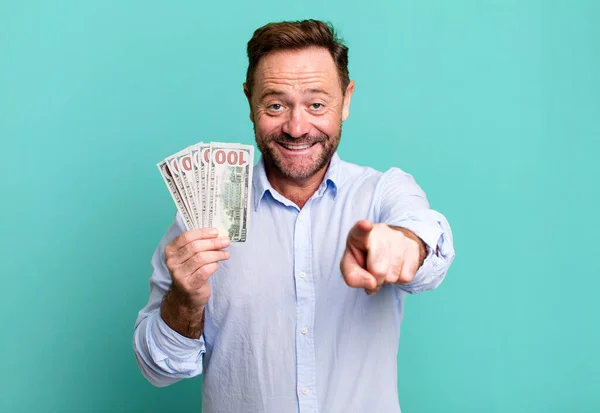 Middle Age Man Pointing Camera Choosing You Dollar Banknotes Concept — Photo
