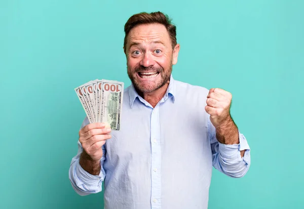 Middle Age Man Feeling Shocked Laughing Celebrating Success Dollar Banknotes — Foto Stock