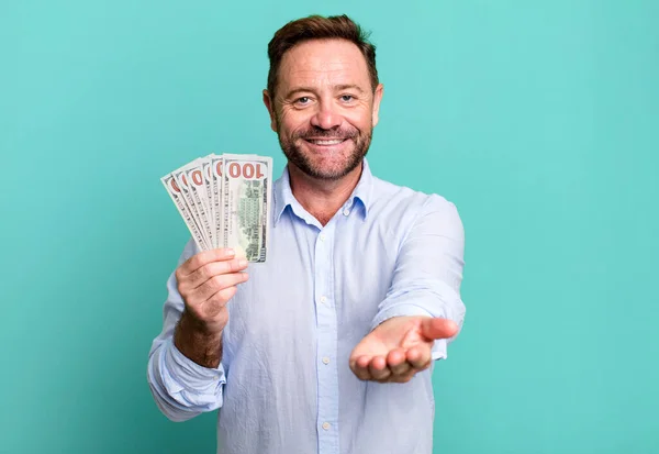 Middle Age Man Smiling Happily Friendly Offering Showing Concept Dollar — Stockfoto