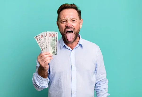 Middle Age Man Cheerful Rebellious Attitude Joking Sticking Tongue Out — Foto Stock