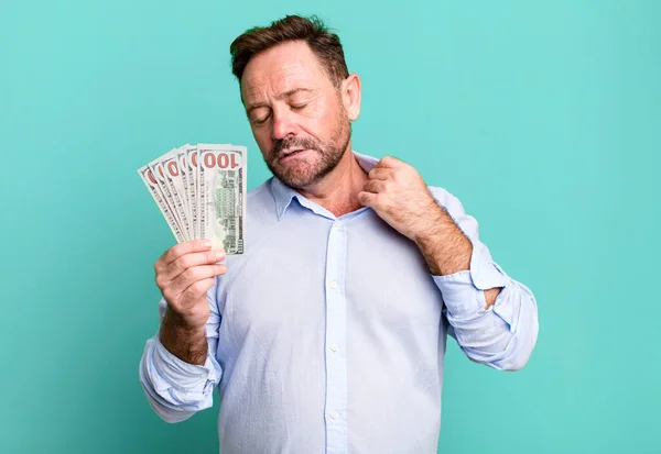Middle Age Man Feeling Stressed Anxious Tired Frustrated Dollar Banknotes — Foto Stock