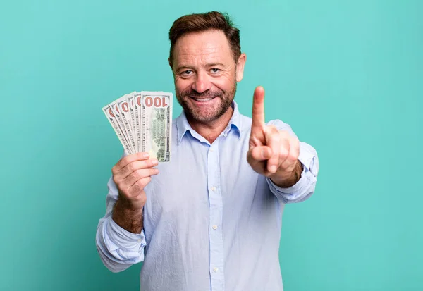 Middle Age Man Smiling Proudly Confidently Making Number One Dollar — Stockfoto