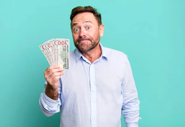 Middle Age Man Shrugging Feeling Confused Uncertain Dollar Banknotes Concept — Foto Stock