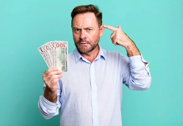 Middle Age Man Feeling Confused Puzzled Showing You Insane Dollar — Stock Photo, Image