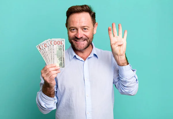 Middle Age Man Smiling Looking Friendly Showing Number Four Dollar — 스톡 사진