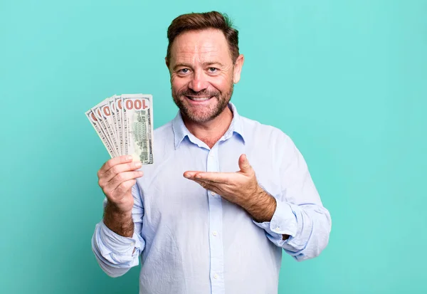 Middle Age Man Smiling Cheerfully Feeling Happy Showing Concept Dollar — Stockfoto