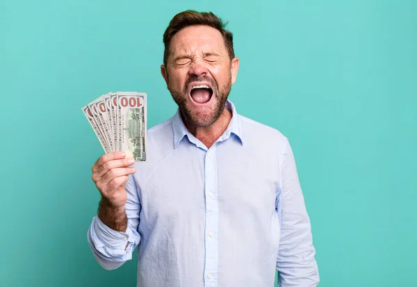 Middle Age Man Shouting Aggressively Looking Very Angry Dollar Banknotes — Stockfoto