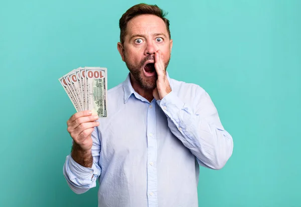 Middle Age Man Feeling Shocked Scared Dollar Banknotes Concept — Stockfoto