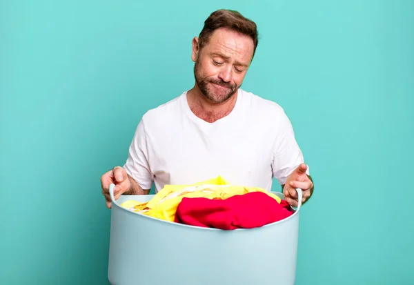Middle Age Man Housekeeper Concept Dirty Clothes Basket Sport Coach — Stock Photo, Image