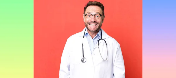 Middle Age Man Looking Happy Pleasantly Surprised Physician Concept — Stock Photo, Image