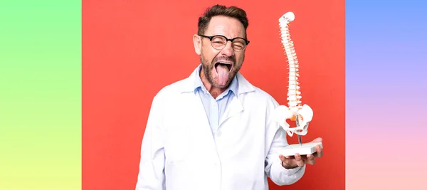 Middle Age Man Cheerful Rebellious Attitude Joking Sticking Tongue Out — Stock Photo, Image