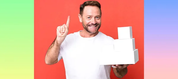 Middle Age Man Smiling Looking Friendly Showing Number One Blank — Stock Photo, Image