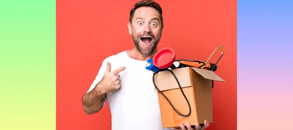 Middle Age Man Feeling Happy Pointing Self Excited Handyman Toolbox — Stock Photo, Image