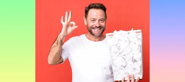Middle Age Man Feeling Happy Showing Approval Okay Gesture Paper — Stock Photo, Image