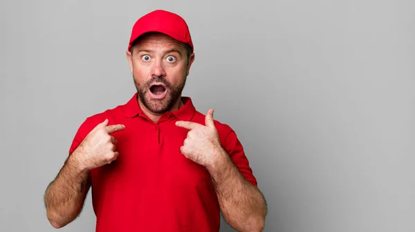 Middle Age Man Feeling Happy Pointing Self Excited Company Employee — Stock Photo, Image