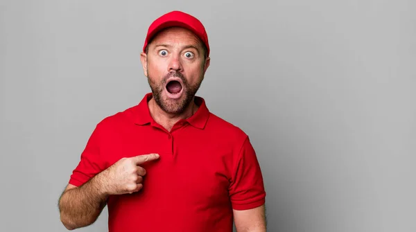 Middle Age Man Looking Shocked Surprised Mouth Wide Open Pointing — Stock Photo, Image