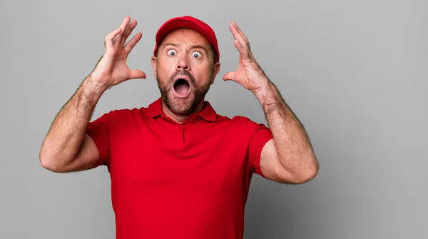 Middle Age Man Screaming Hands Air Company Employee — Stock Photo, Image