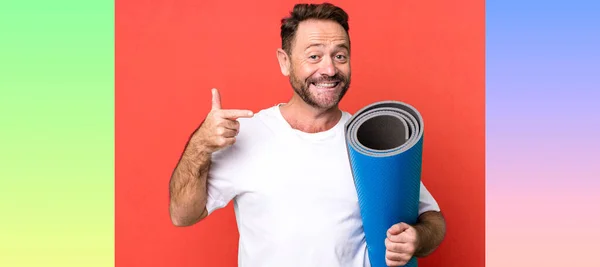 Middle Age Man Smiling Confidently Pointing Own Broad Smile Yoga — Stock Photo, Image