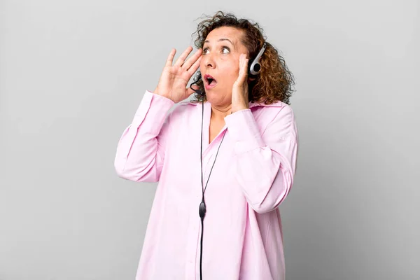 Pretty Middle Age Woman Feeling Happy Excited Surprised Headset Telemarketing — Stock Photo, Image