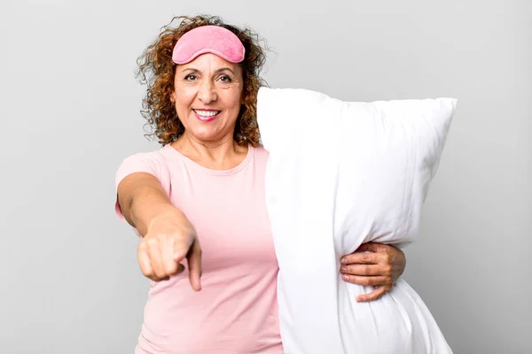 Pretty Middle Age Woman Pointing Camera Choosing You Wearing Pajamas — Stock Photo, Image