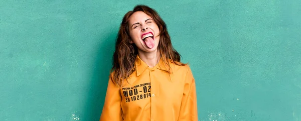 Hispanic Pretty Woman Cheerful Rebellious Attitude Joking Sticking Tongue Out — Stockfoto