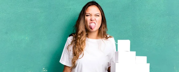 Hispanic Pretty Woman Feeling Disgusted Irritated Tongue Out White Boxes — Foto de Stock