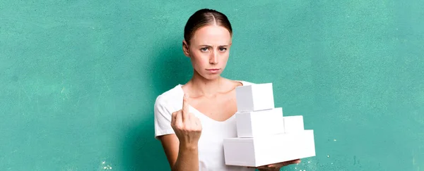 Caucasian Pretty Woman Feeling Angry Annoyed Rebellious Aggressive White Boxes — Stockfoto