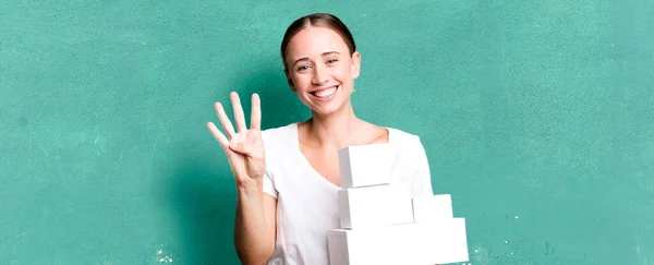 Caucasian Pretty Woman Smiling Looking Friendly Showing Number Four White — Stock Photo, Image