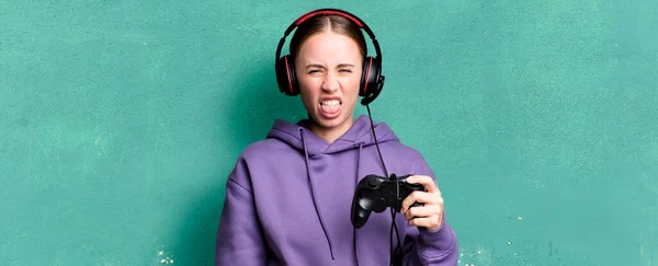 Caucasian Pretty Woman Feeling Disgusted Irritated Tongue Out Gamer Concept — Stok fotoğraf